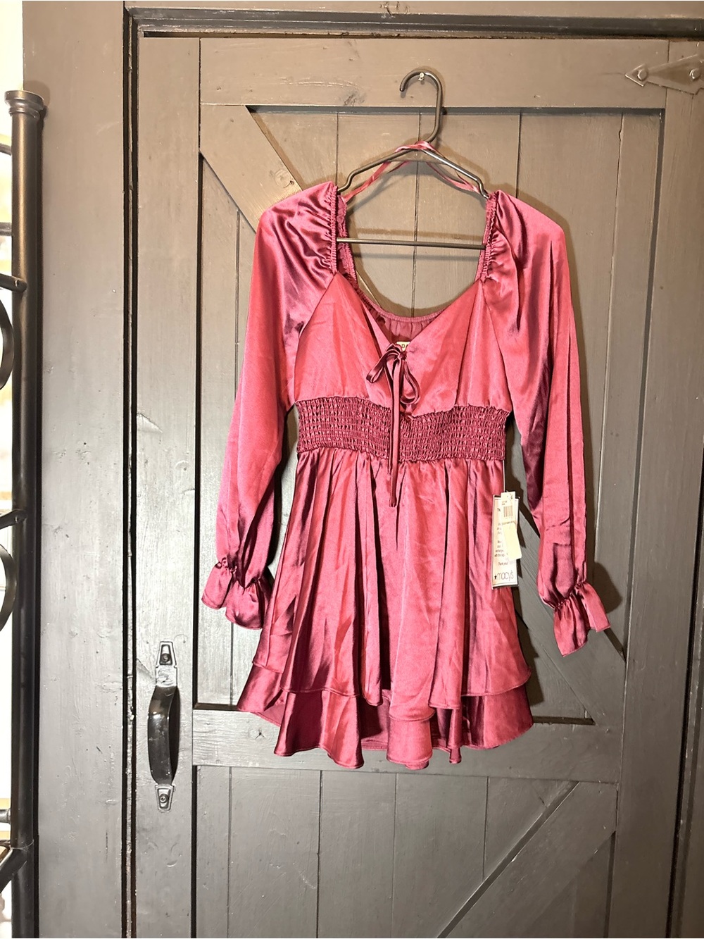 B Darlin Rose-Pink Satin Peasant Mini Dress with Smocked Waist